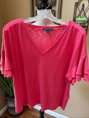 INC International Concepts Coral Pink V-Neck Ruffle Sleeve Top